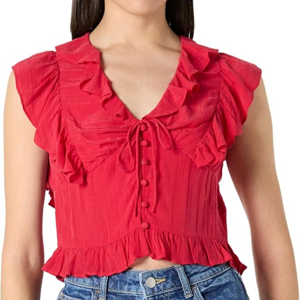 NWT The Drop Women's Margo Tie Front Ruffle Detail Sleeveless Blouse (L)